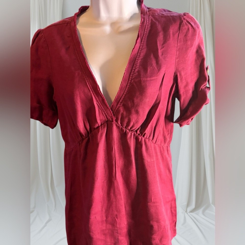 Banana Republic Deep Red V-Neck Linen Baby doll cut Blouse
